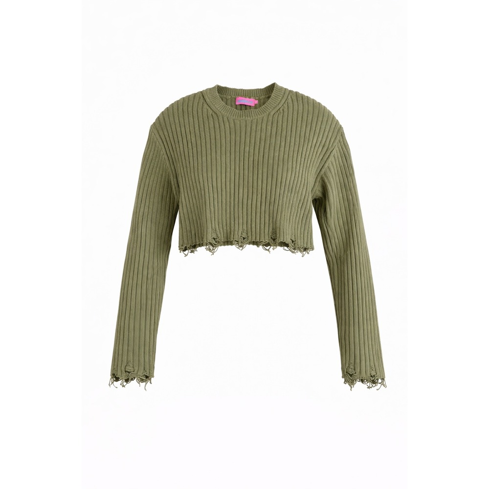 Edikted Olive Green Ribbed Distressed Cropped Sweater‎ Long Sleeve Women XS